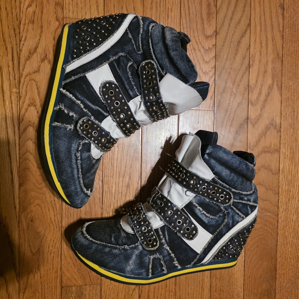 Studded Denim Wedge Sneakers